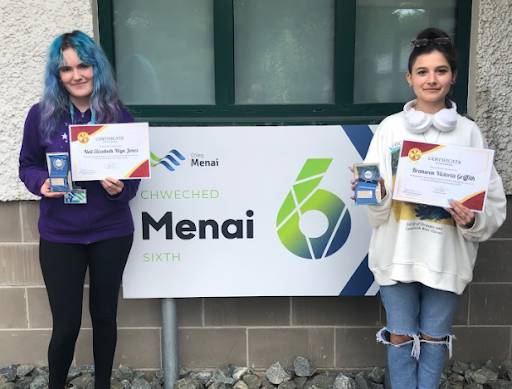 Nell Jones and Branwen Griffith with their awards and certificates after winning the Enterprise Challenge