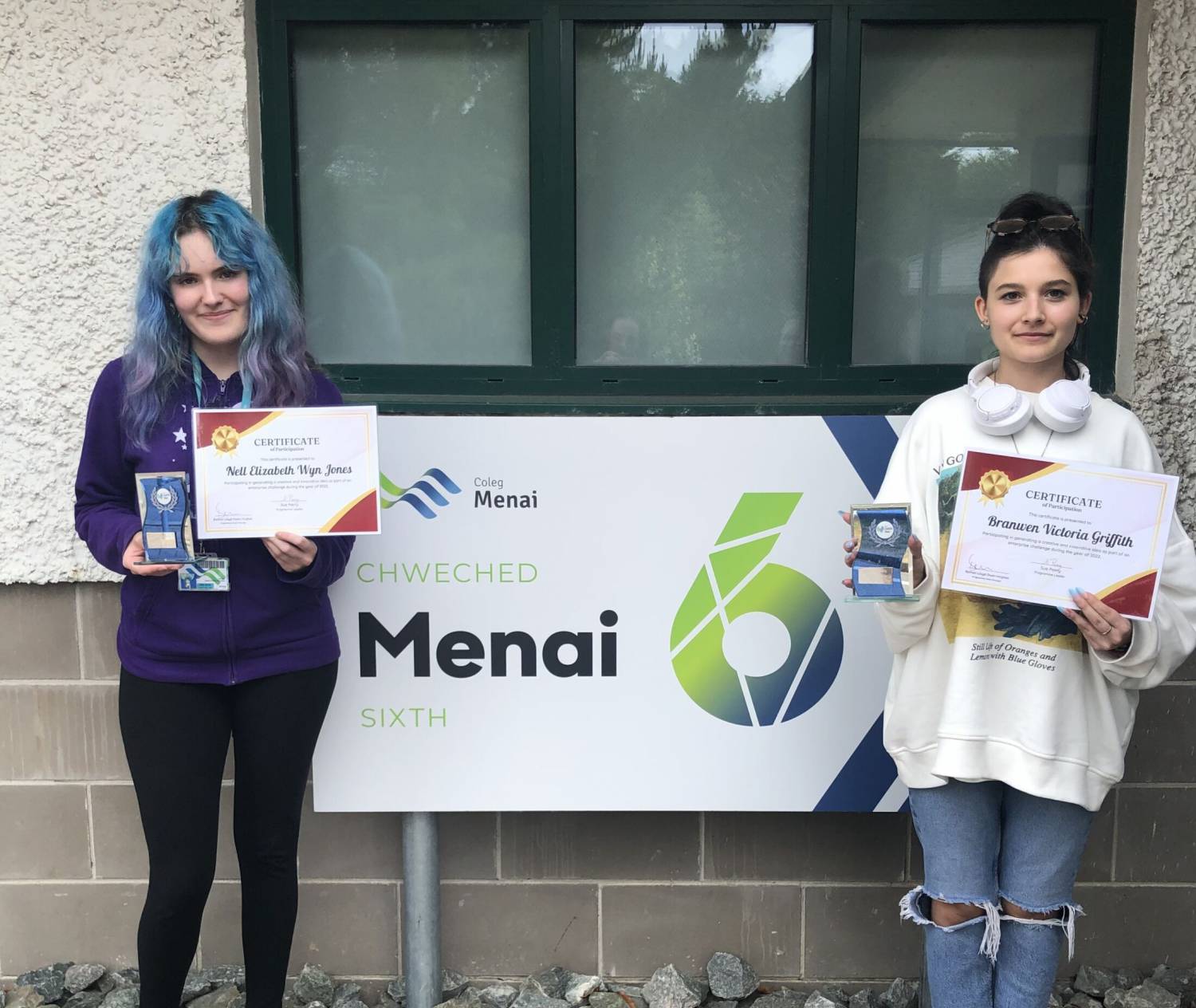 Nell Jones and Branwen Griffith with their awards and certificates after winning the Enterprise Challenge