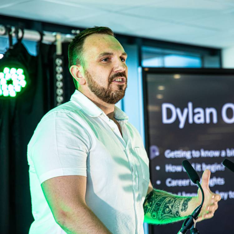 Dylan Owens giving a speech at Coleg Menai’s Further Education Achievers Awards ceremony