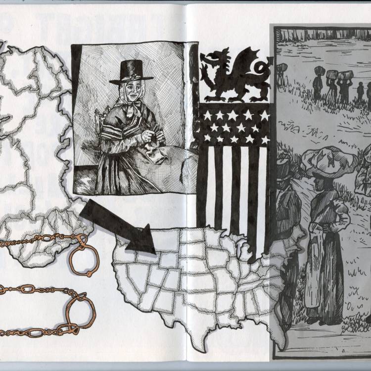 Darluniau a welir yn Hanesion Plethedig Gwlân Cymru a Chaethwasiaeth