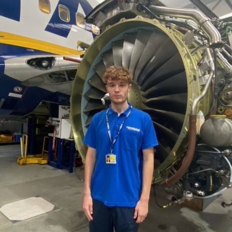 Tomos Jones working at Stansted Airport as an apprentice with Ryanair Engineering