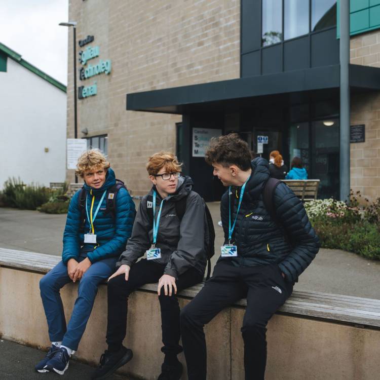 Students outside Coleg Menai’s Llangefni campus