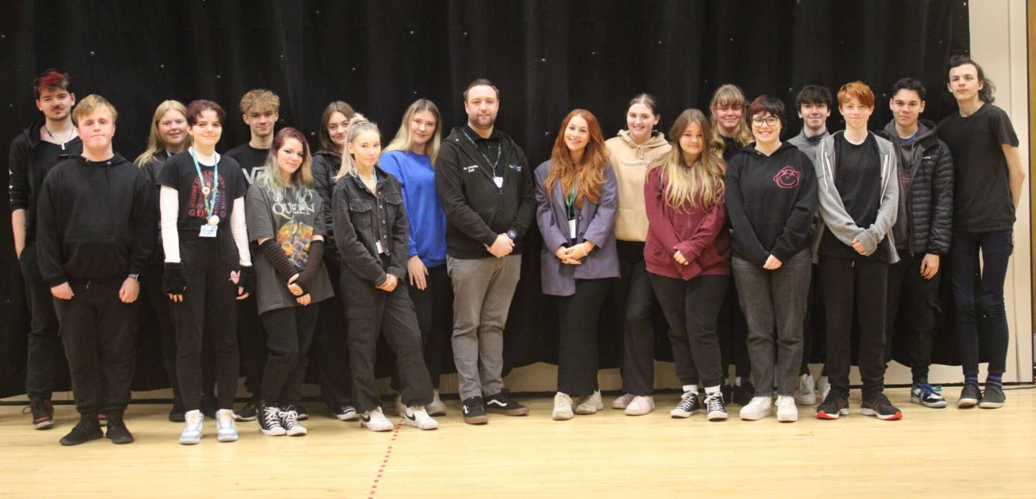 Annie-Rose Tate with Performing Arts Students in the theatre at Coleg Llandrillo’s Rhos-on-Sea campus