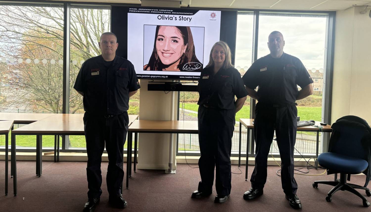 North Wales Fire and Rescue Service officers at Coleg Llandrillo’s Rhyl campus to present Olivia’s Story