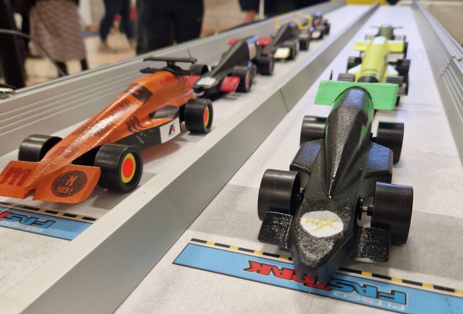 Cars ready to race at the F1 in Schools event at Denbigh Leisure Centre