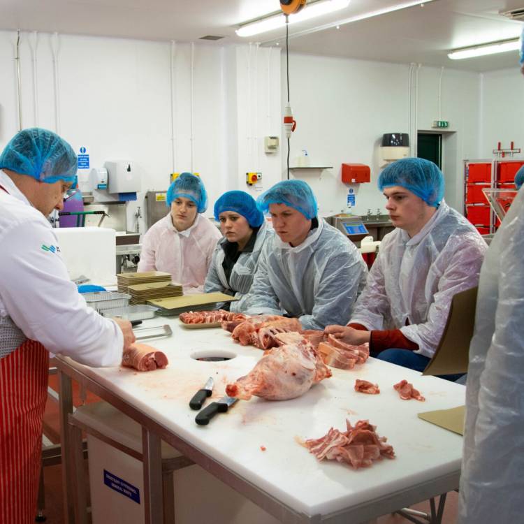 Food technologist Karl Jones giving a butchery demonstration to students at the Food Technology Centre in Llangefni