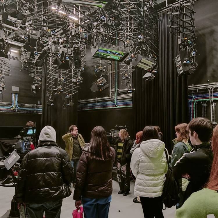 Coleg Meirion-Dwyfor students in a TV studio in Media City UK, Salford