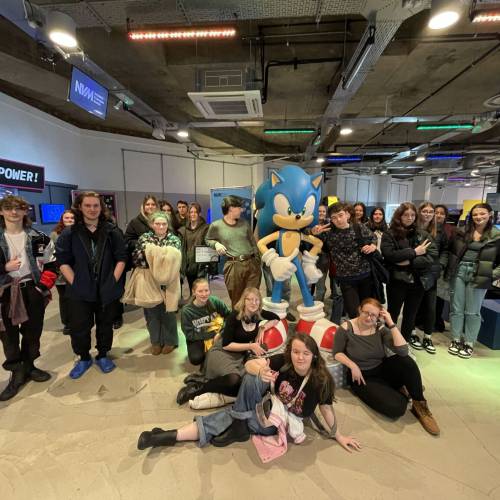Coleg Meirion-Dwyfor students with Sonic the Hedgehog at the National Videogame museum in Sheffield