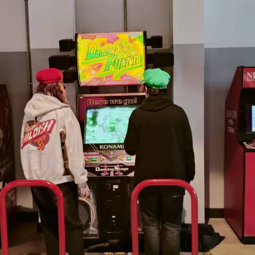 Coleg Meirion-Dwyfor students playing games at the National Videogame museum in Sheffield