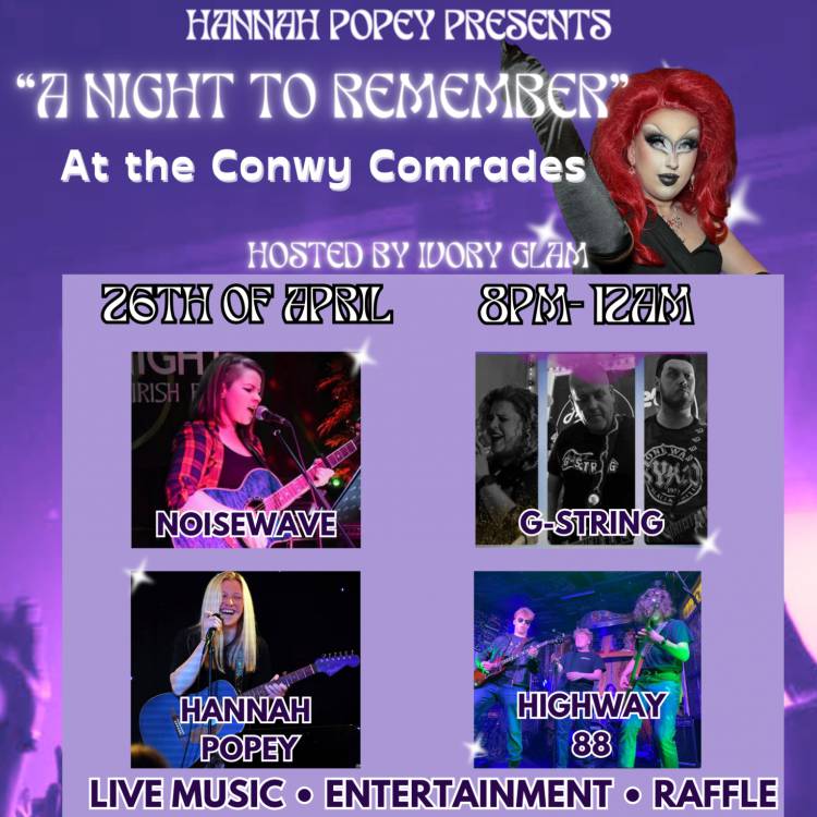 Poster yn hysbysebu ‘A Night to Remember’, gig gan Hannah Povey i godi arian